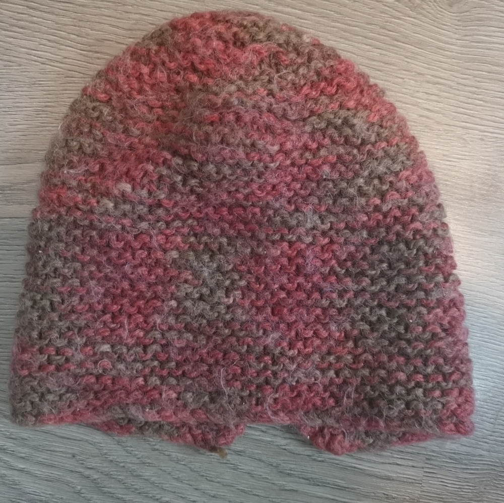 80S vintage pink & grey hand knit Beanie hat
